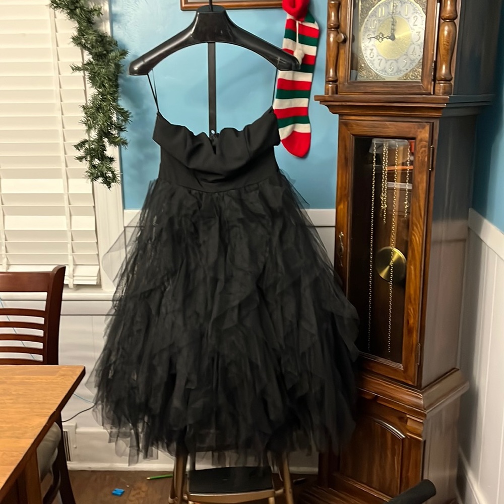 Strapless body suit mesh handkerchief dress, wire form at cleavage for deep v